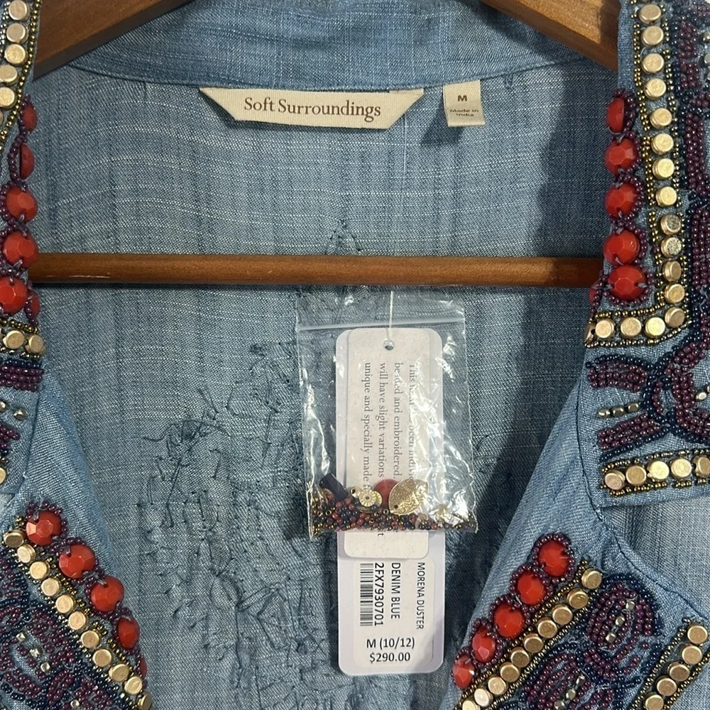 NWT Soft Surroundings Morena Duster denim jewel beaded boho long cardigan Medium - Picture 9 of 13